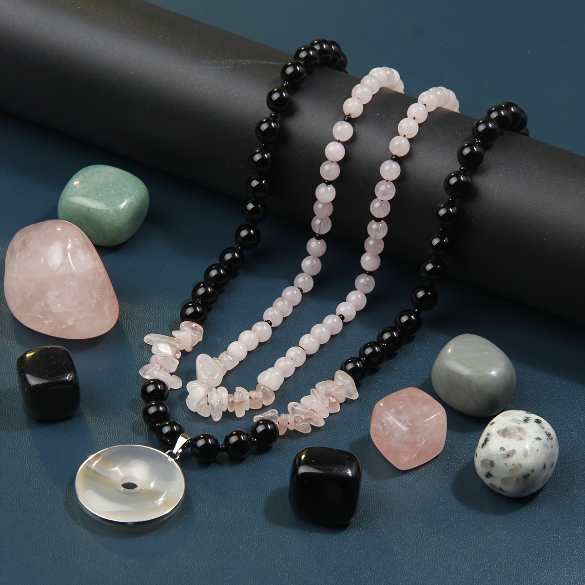 Bohemian Rose Quartz Pendant Necklace, Irregular Design